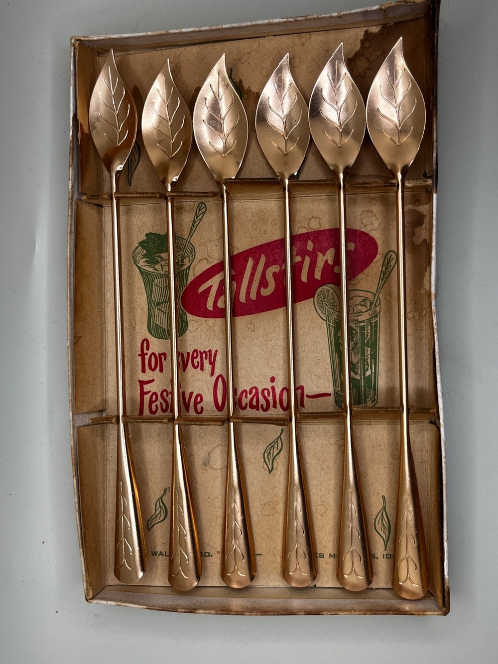 NOS Vtg MCM Copper Leaf Iced Tea Spoons Drink Stirrers Set of 6 Tallstirs